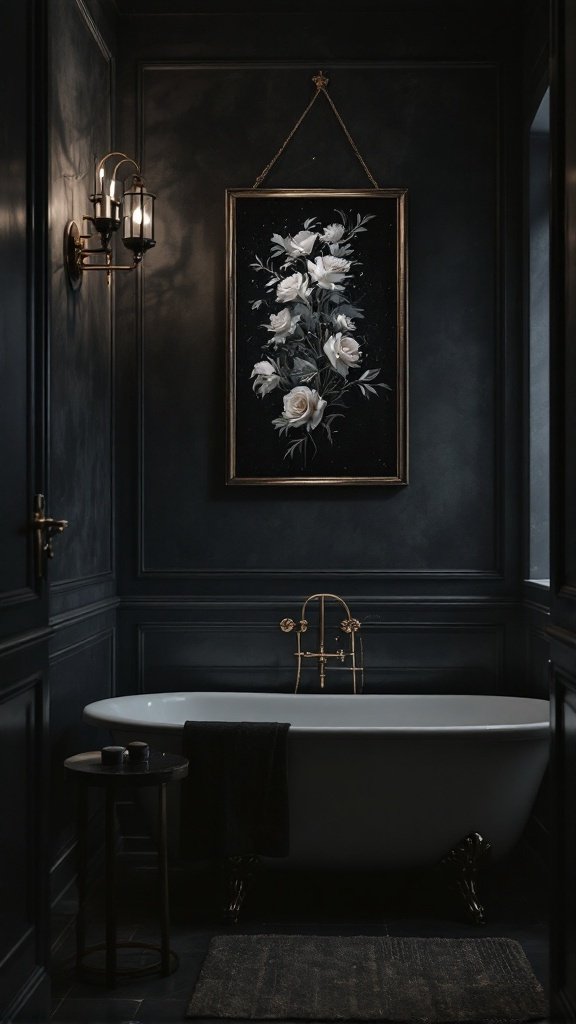 A dark bathroom featuring a freestanding bathtub, dark walls, and a floral painting.