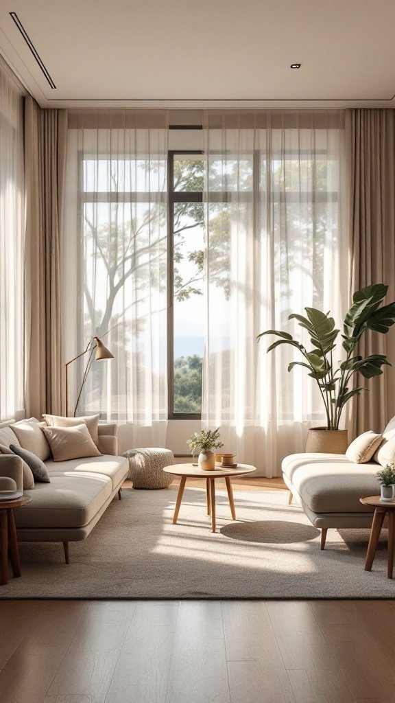 Bright and spacious living room with large windows, soft sunlight, and minimalist decor
