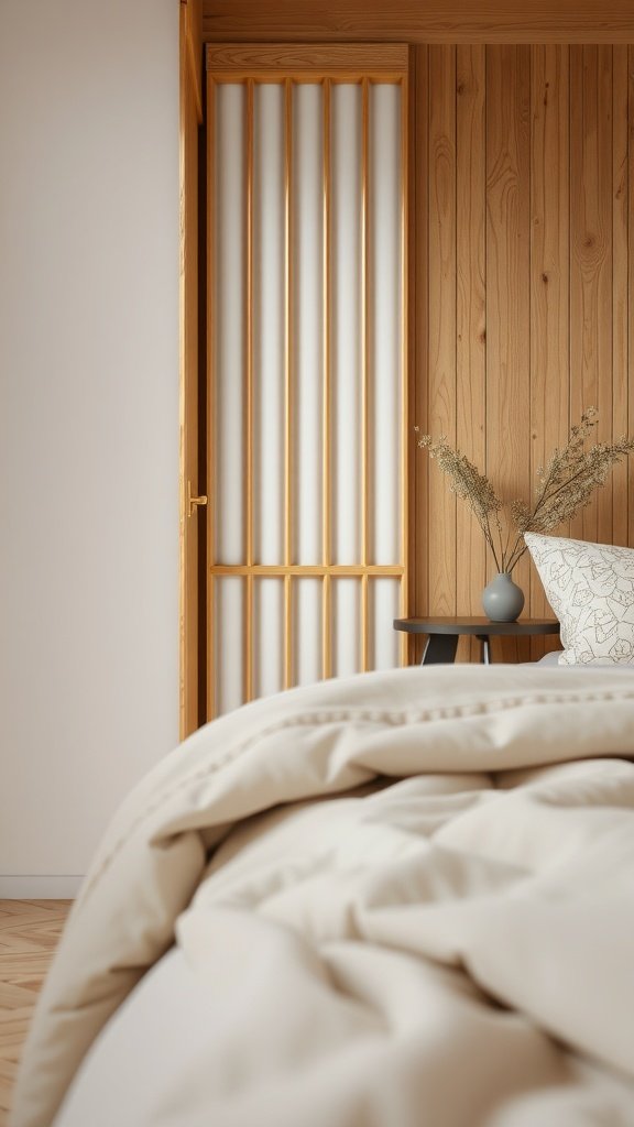 A cozy Japandi style bedroom featuring wooden accents and soft bedding.