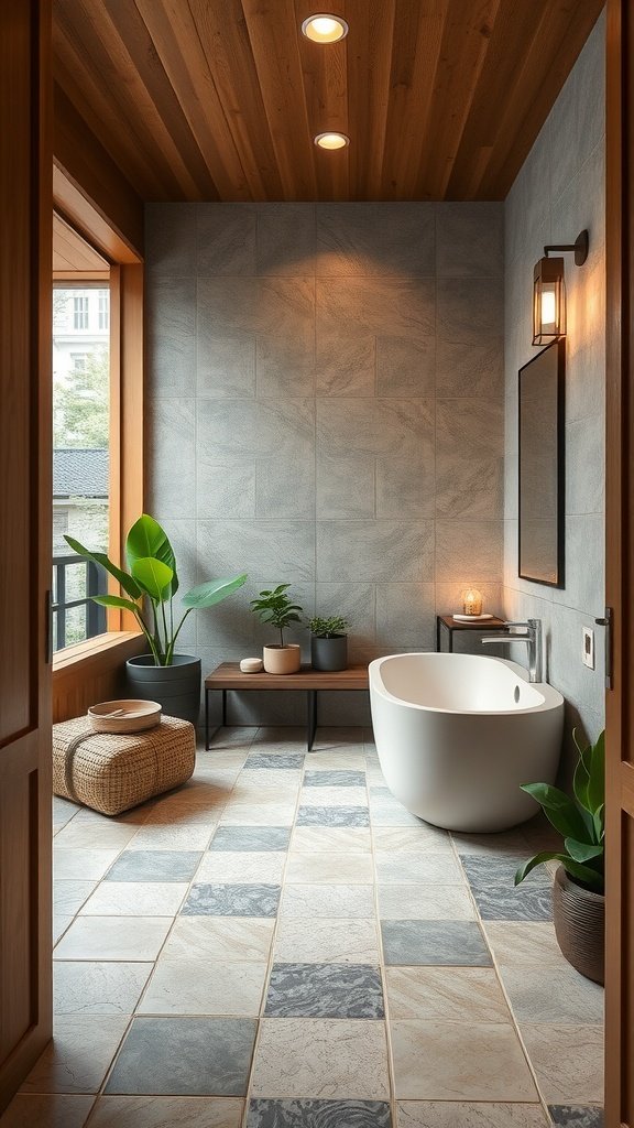 A serene Japandi-style bathroom featuring natural wood and stone materials, plants, and soft lighting.