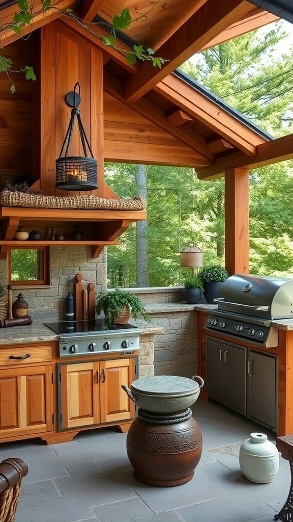 Outdoor kitchen featuring natural wood cabinetry and a rustic design