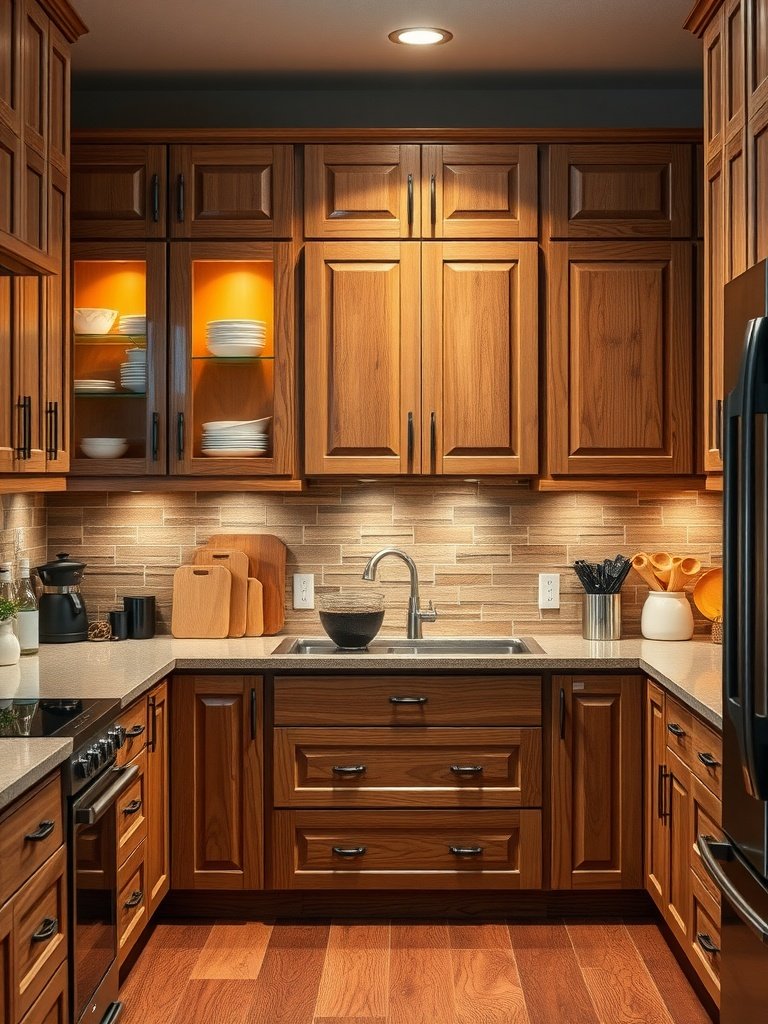 A kitchen featuring natural wood cabinets with a warm finish, a sleek countertop, and stylish appliances.