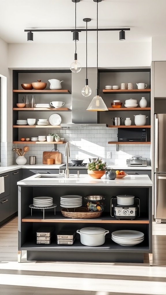 A modern kitchen island with open shelves displaying dishes and decorative items.