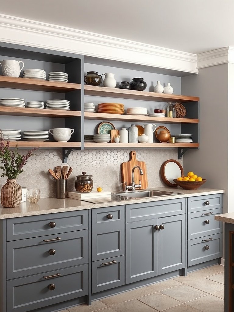 Stylish grey kitchen with open shelving displaying plates and decor.