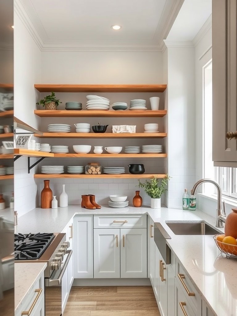 Stylish open shelving in a galley kitchen showcasing plates, bowls, and decorative items.
