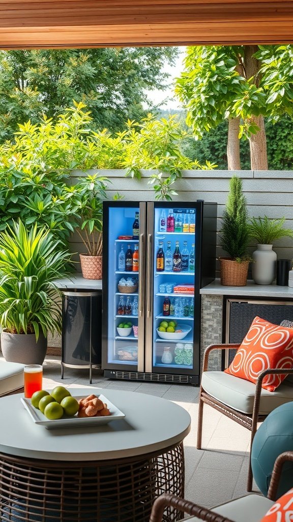 An outdoor kitchen featuring a fridge and beverage station surrounded by greenery.