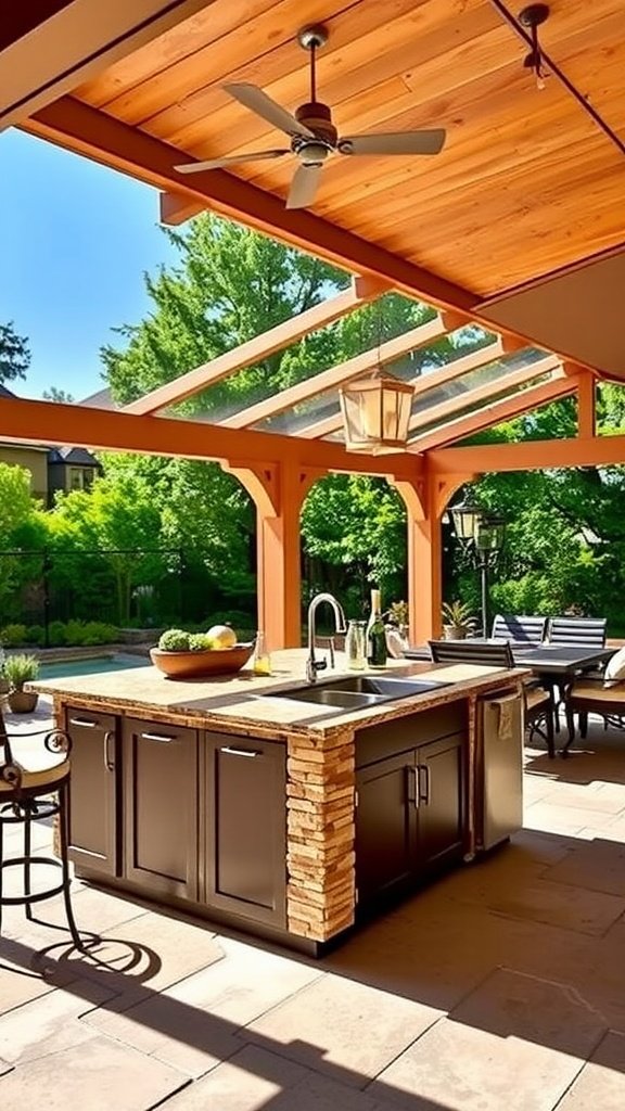 An outdoor kitchen island featuring a built-in sink, surrounded by lush greenery.