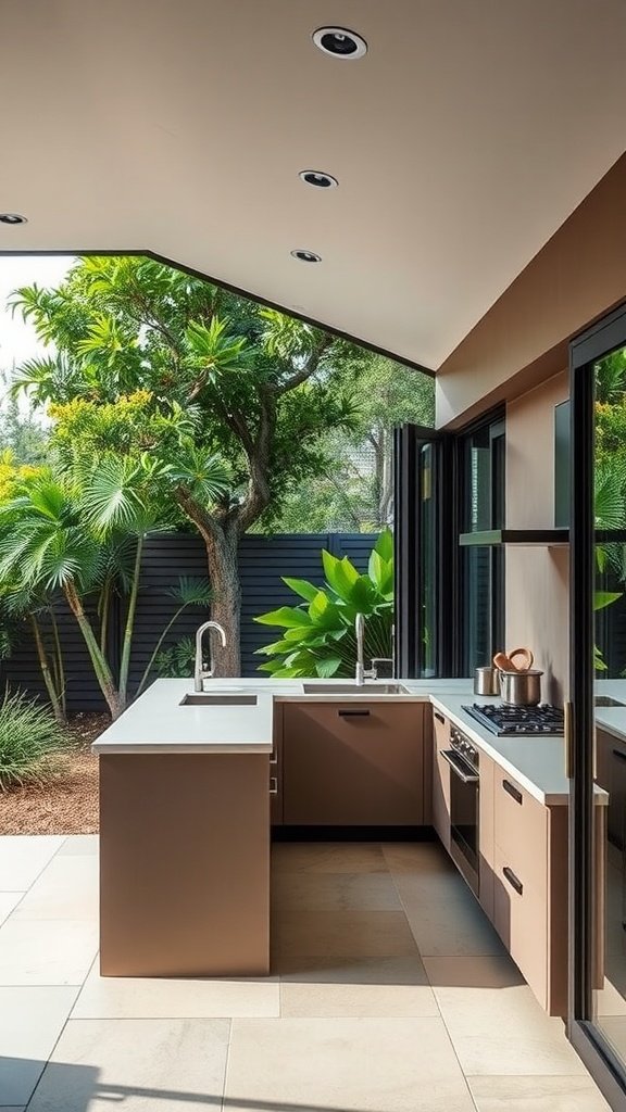 A modern outdoor kitchen with folding glass walls overlooking lush greenery.