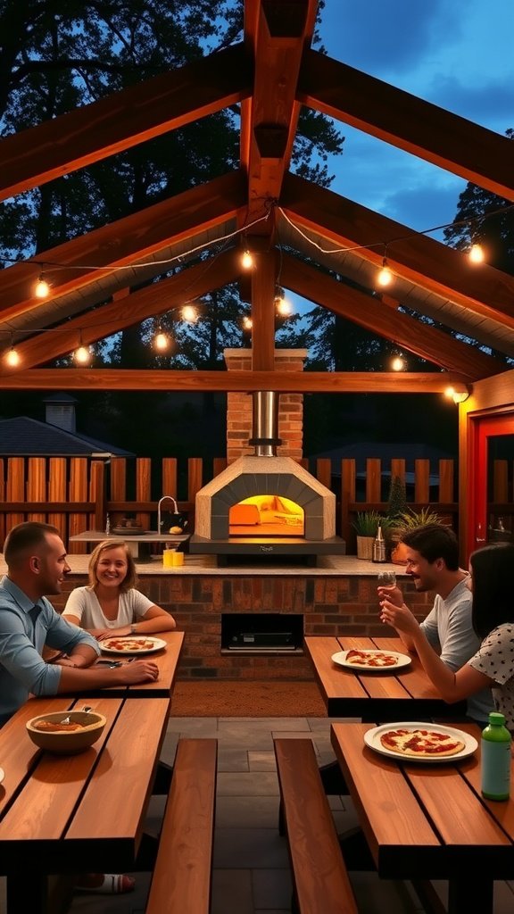 A cozy outdoor kitchen featuring a pizza oven, wooden tables, and string lights, perfect for family gatherings.