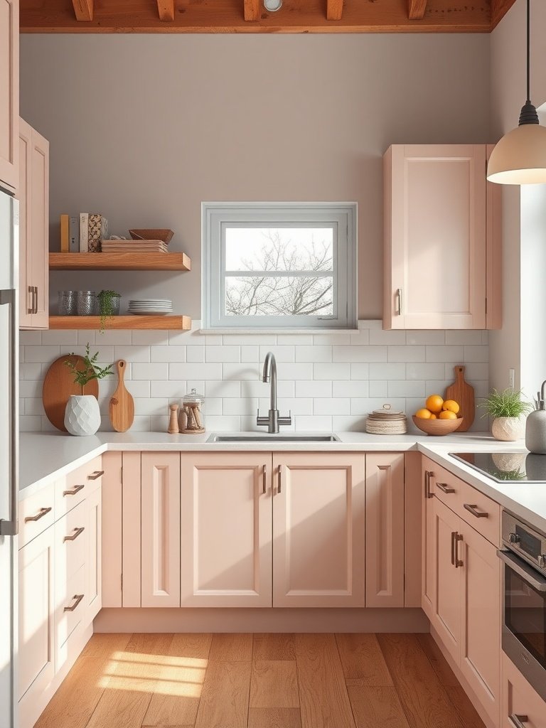 A kitchen featuring pale muted pink cabinets with natural wood accents and a bright window.