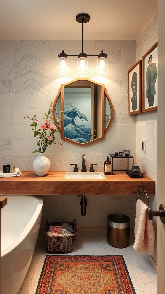 A modern Japandi style bathroom featuring light wood paneling, minimalist decor, and green plants.