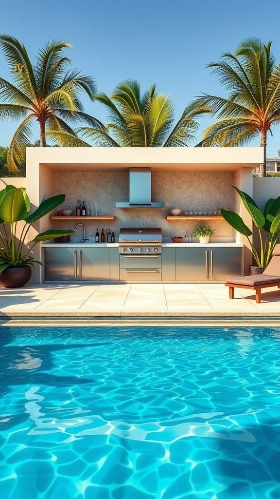 A modern outdoor kitchen next to a swimming pool surrounded by palm trees.