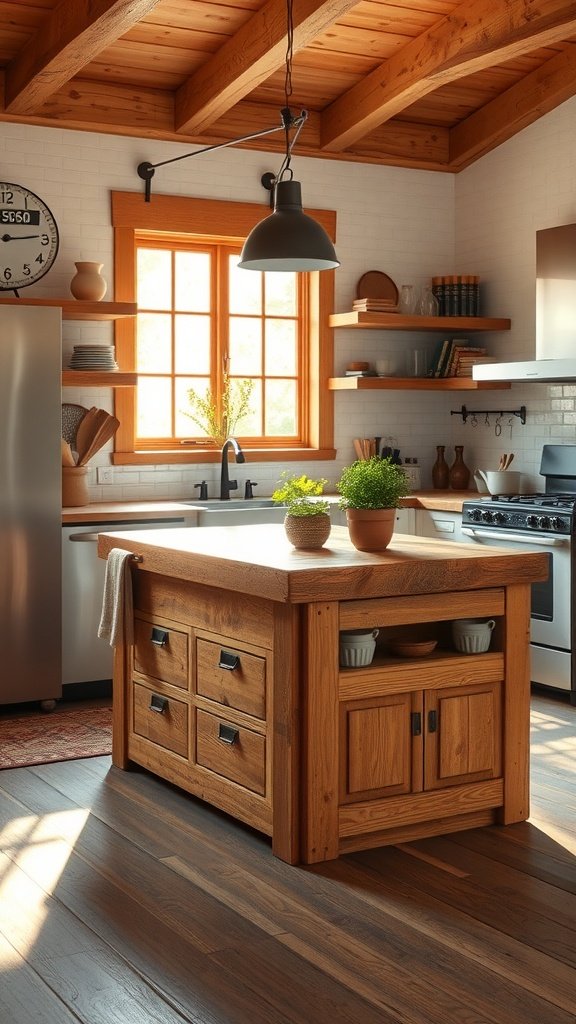 A beautiful kitchen island made of reclaimed wood with storage drawers and potted plants on top.