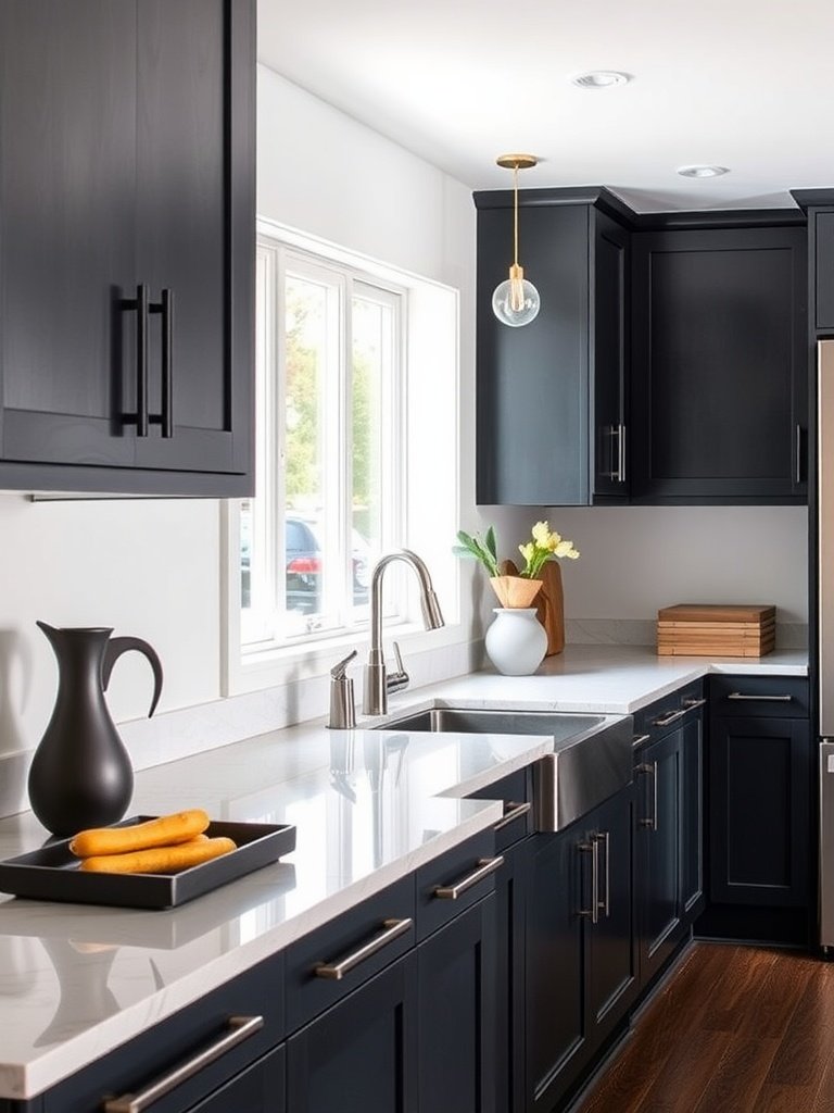 Stylish kitchen with charcoal gray cabinets and modern fixtures.
