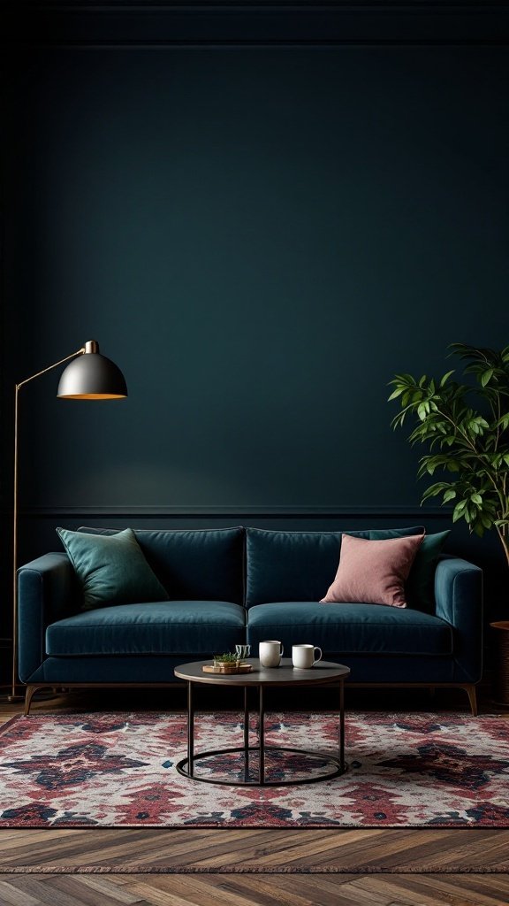 A cozy dark living room featuring a teal sofa, deep blue walls, and warm lighting