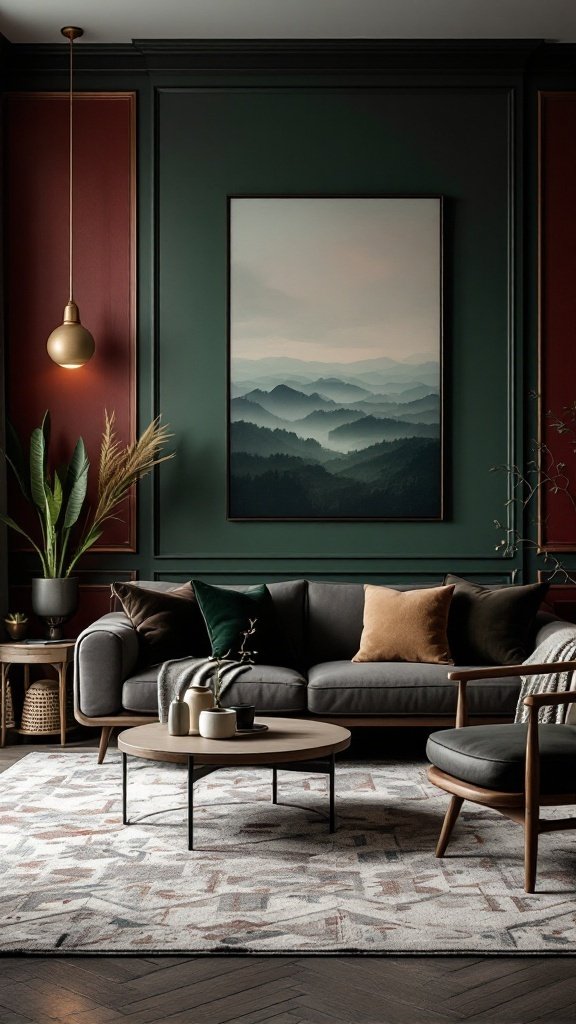Living room with dark color palette featuring green walls, burgundy accents, and cozy furniture.