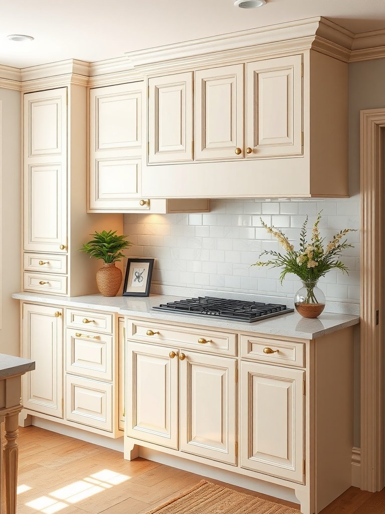 A kitchen with rich pale cream cabinets and gold hardware.