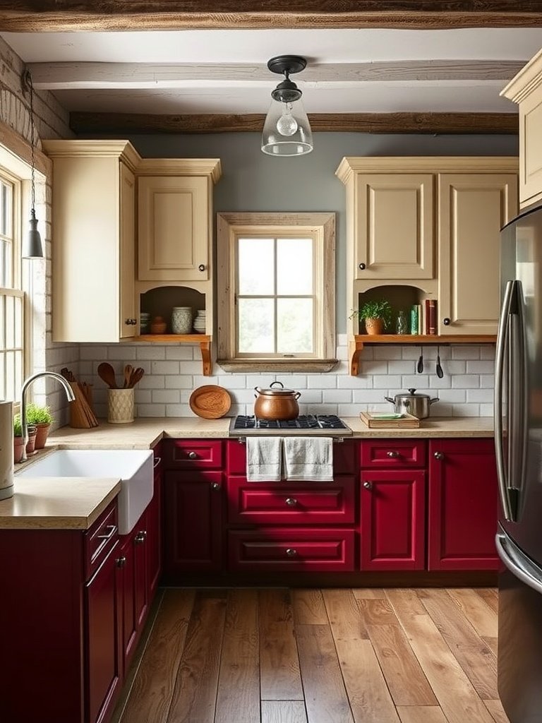 A rustic kitchen featuring deep red and cream two-tone cabinets with wooden accents.