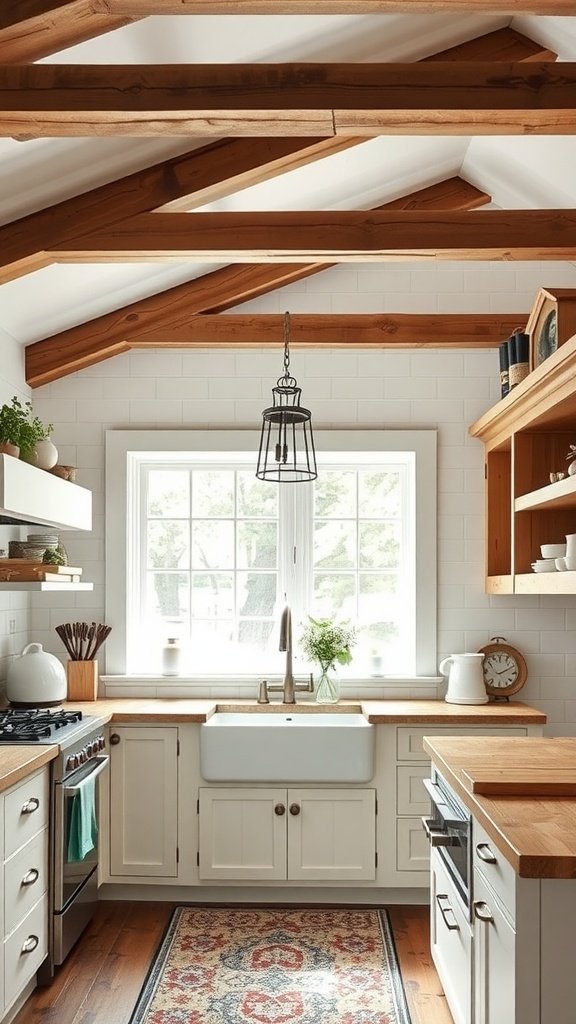 A cozy farmhouse kitchen featuring wood beams, white cabinets, and a large sink.