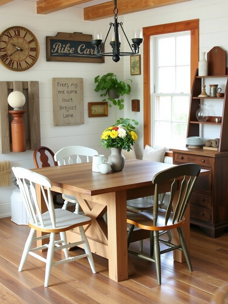 Rustic farmhouse table with wooden chairs and a flower vase in a cozy kitchen setup.