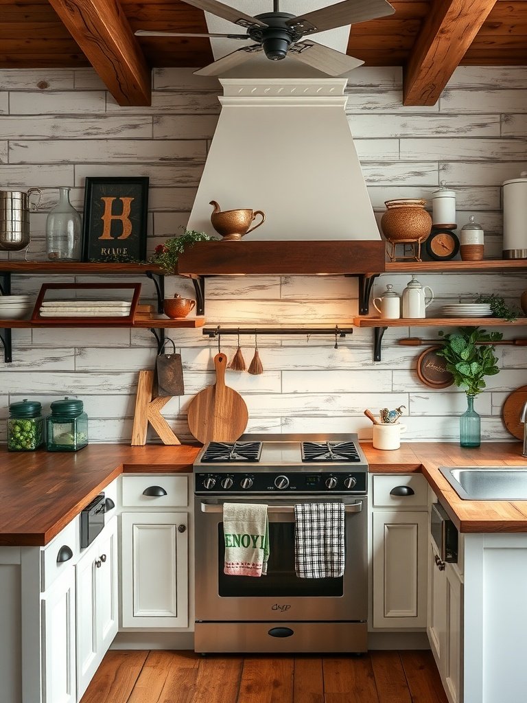 A cozy kitchen with rustic shiplap backsplash, wooden shelves, and a stove.