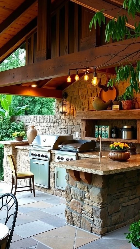 Rustic outdoor kitchen featuring stone and wood accents with string lights.