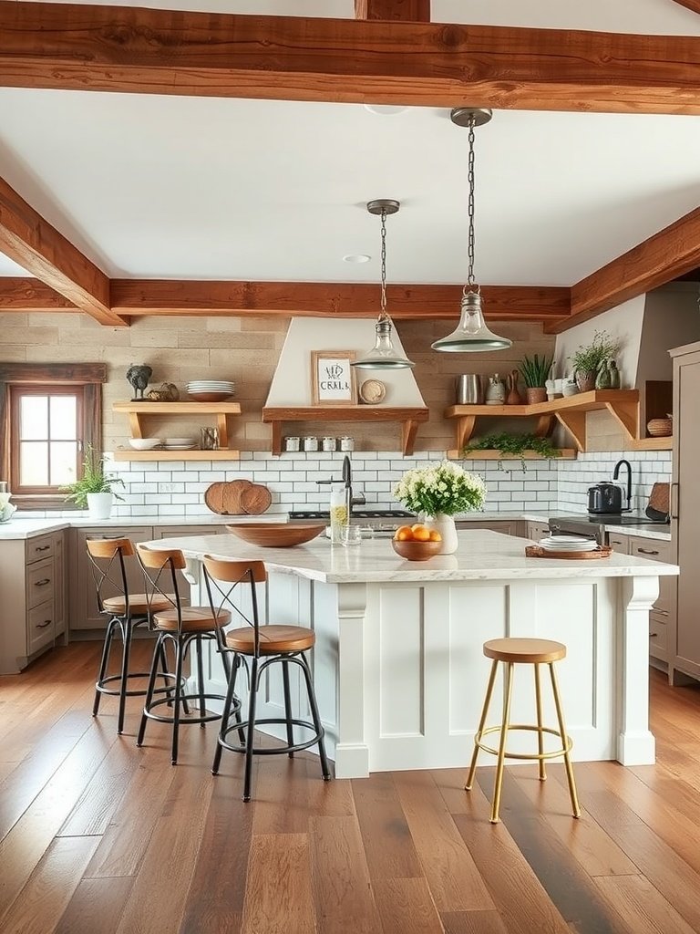 Rustic white kitchen featuring an island, wooden beams, and warm accents.