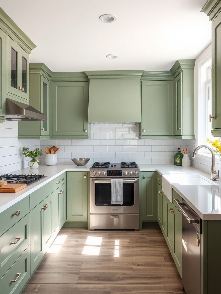 A modern kitchen featuring sage green cabinets and warm accents.