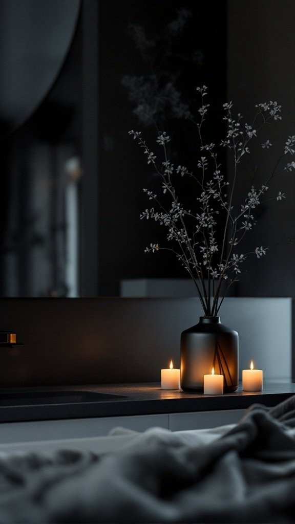 A dark bathroom setting featuring a black vase with delicate flowers, candles, and a cozy blanket.
