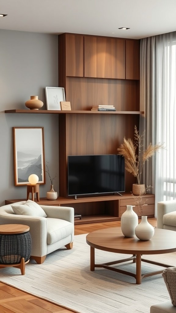 A simple and elegant Japandi living room with a light sofa, round black coffee table, and natural decor.