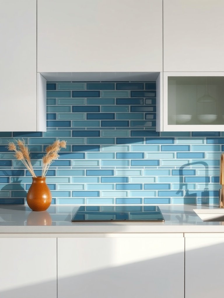 A modern kitchen with a blue glass tile backsplash and white cabinets.