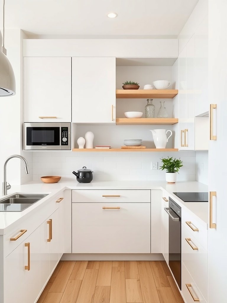 Minimalist white kitchen with sleek cabinets and wooden shelves