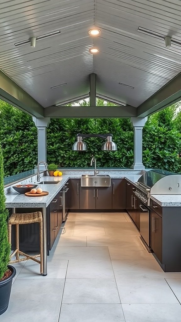 Modern outdoor kitchen with stainless steel finishes and a sleek design.