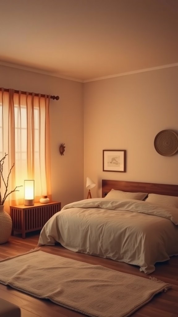 A softly lit Japandi style bedroom with warm lighting, neutral colors, and minimal decor.