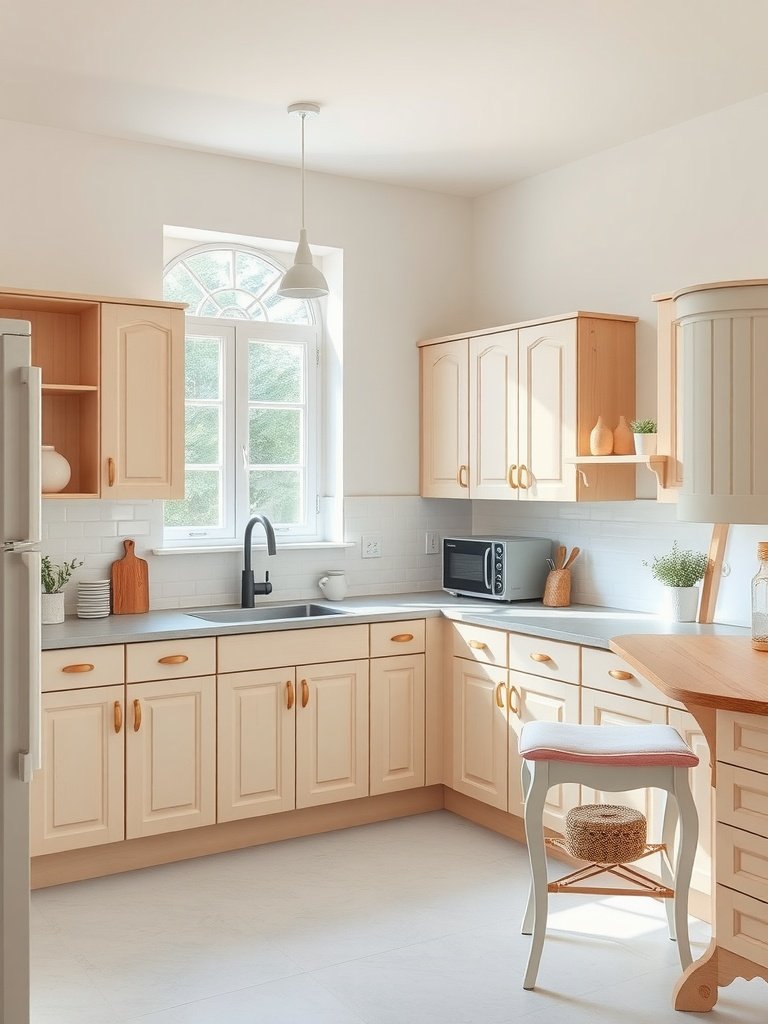 A cozy kitchen featuring soft pastel cabinets and natural wood accents.