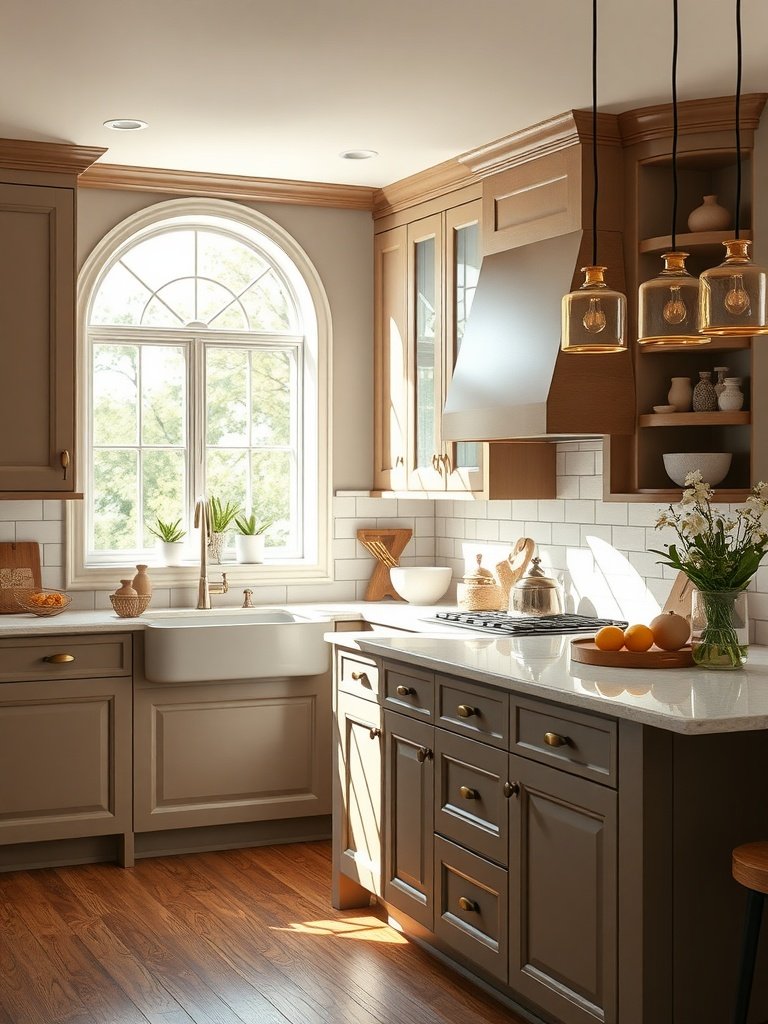 A modern kitchen featuring soft taupe cabinet colors with wooden accents.