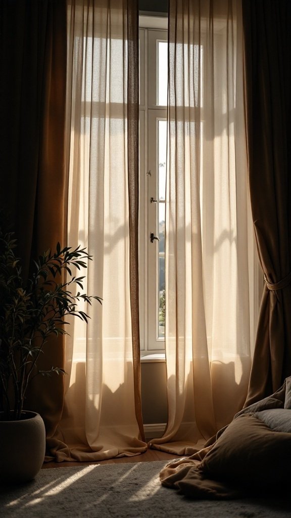 A cozy living room window with soft sheer curtains filtering sunlight