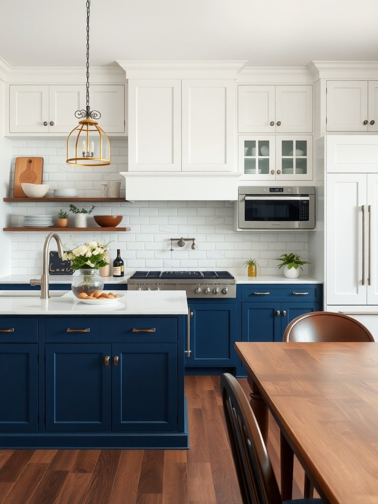 Navy and white kitchen cabinets with a modern design