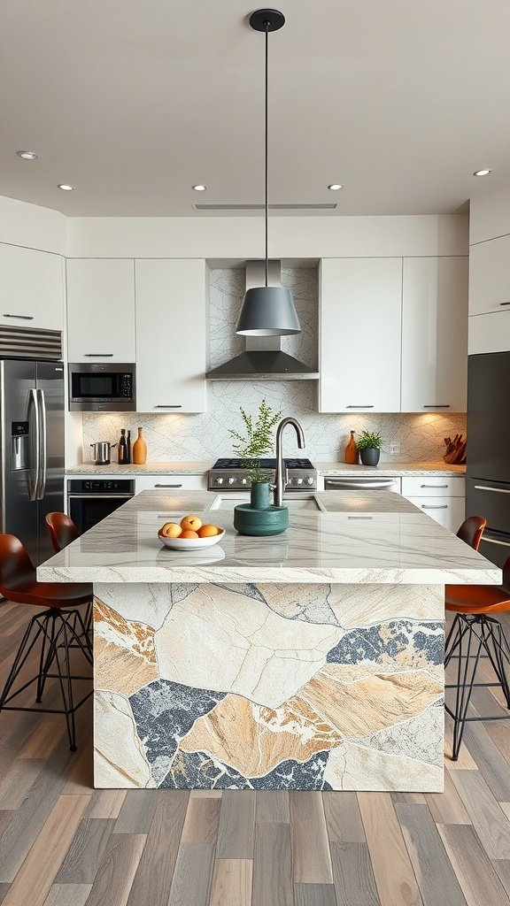 A modern kitchen featuring a stone island with a stylish design, complemented by surrounding chairs.