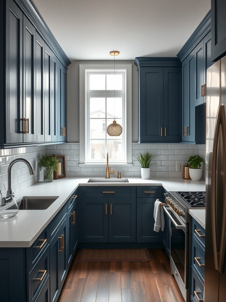 A kitchen featuring storm blue cabinets, white countertops, and brass accents.