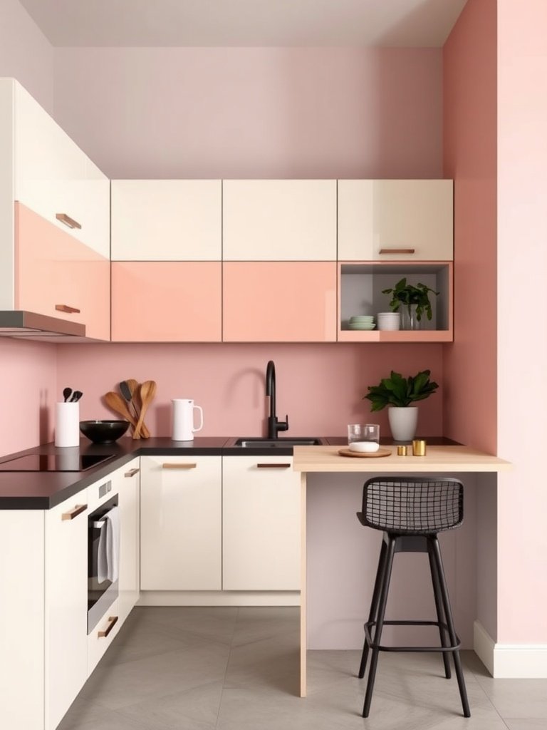 A kitchen featuring pastel two-tone cabinets with geometric accents.