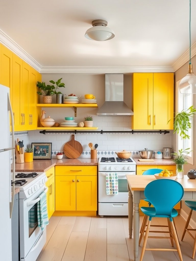 Bright yellow kitchen cabinets with wooden countertops and decorative dishware.