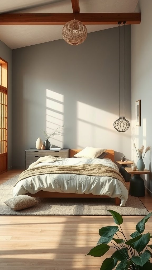 A beautifully designed Japandi style bedroom featuring natural materials, soft lighting, and minimal decor.