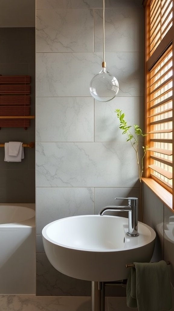 A modern Japandi bathroom featuring sustainable fixtures, minimalistic design, and natural materials.