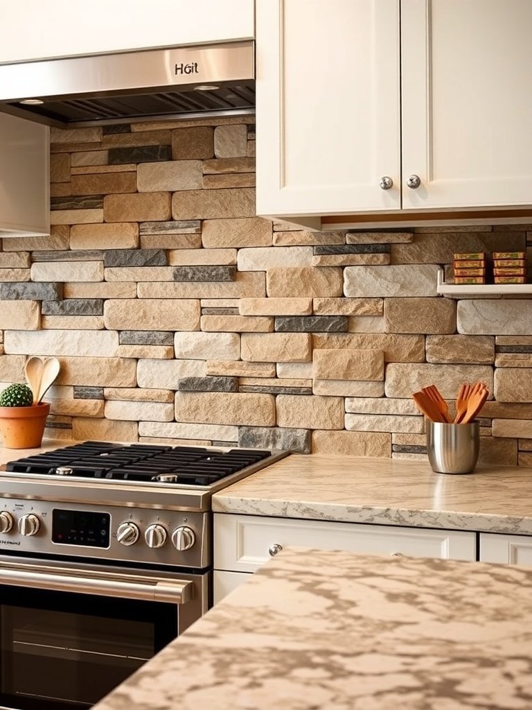 A kitchen backsplash featuring a textured stone finish with warm colors and varied patterns.