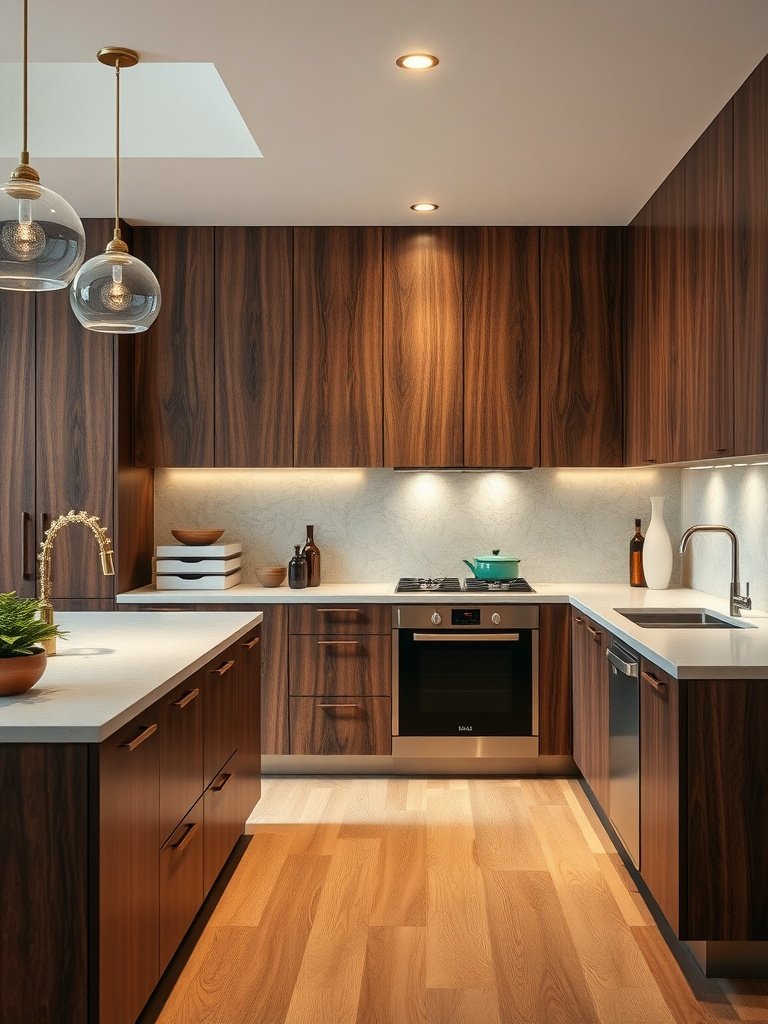 Modern kitchen with textured walnut cabinets and light countertops