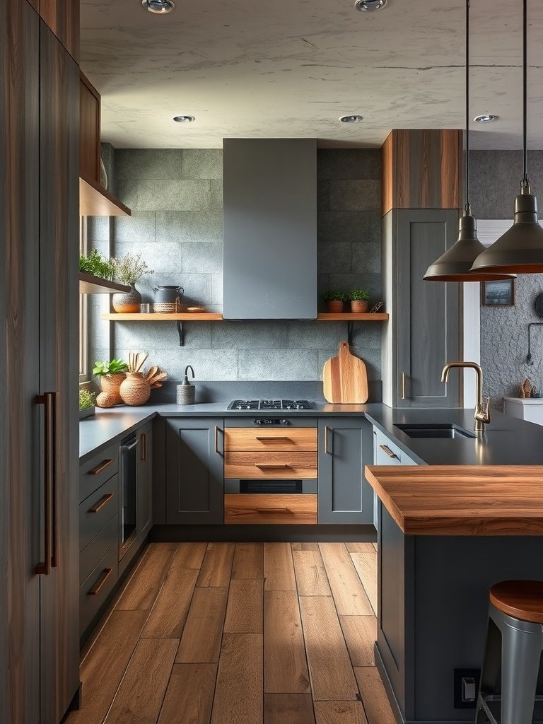 A stylish grey kitchen featuring wood and metal textures.