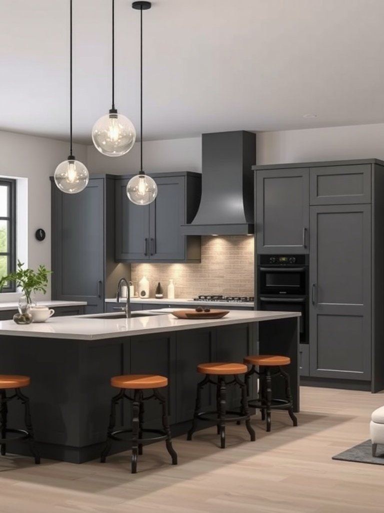 A modern grey kitchen with pendant lights.