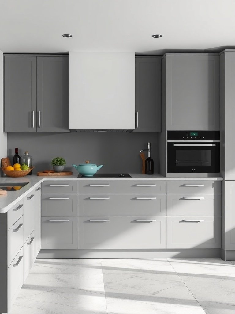 Stylish grey kitchen with modern cabinets and bright accents.