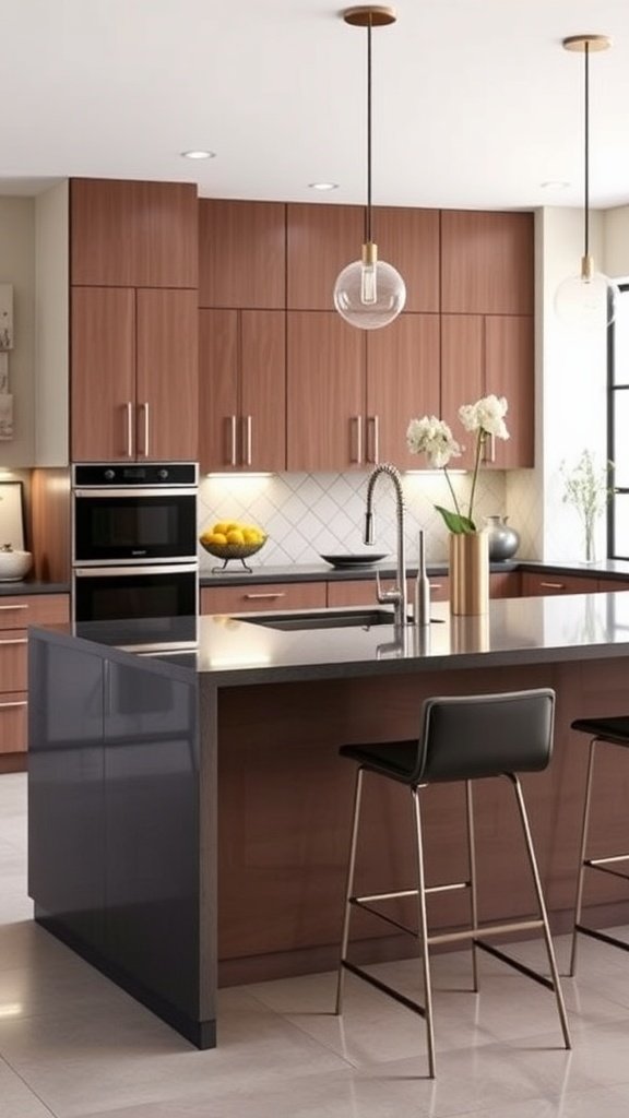 A modern kitchen with a two-tone island featuring warm wood and dark cabinetry, complemented by stylish bar stools and pendant lights.